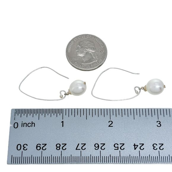 Vintage Silver Tone White Pearl Drop Earrings - Picture 3 of 4
